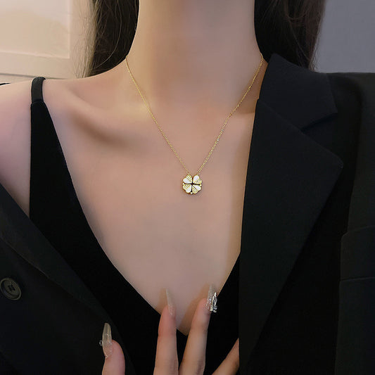 Four-Leaf Clover Heart Pendant Necklace – Luxury Stainless Steel Jewelry