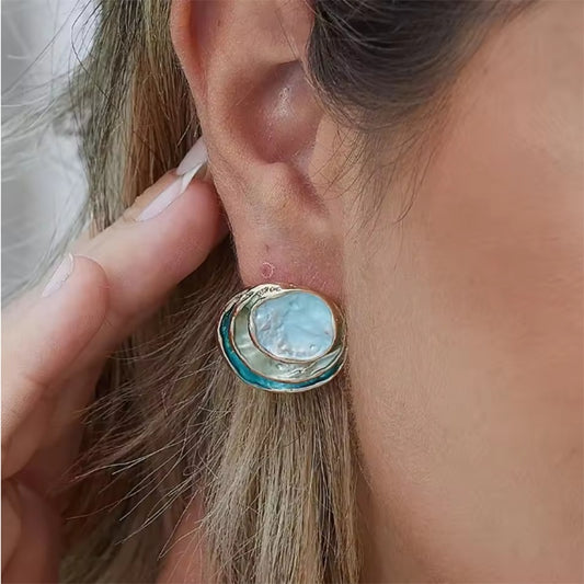 Tri-Color Geometric Round Earrings